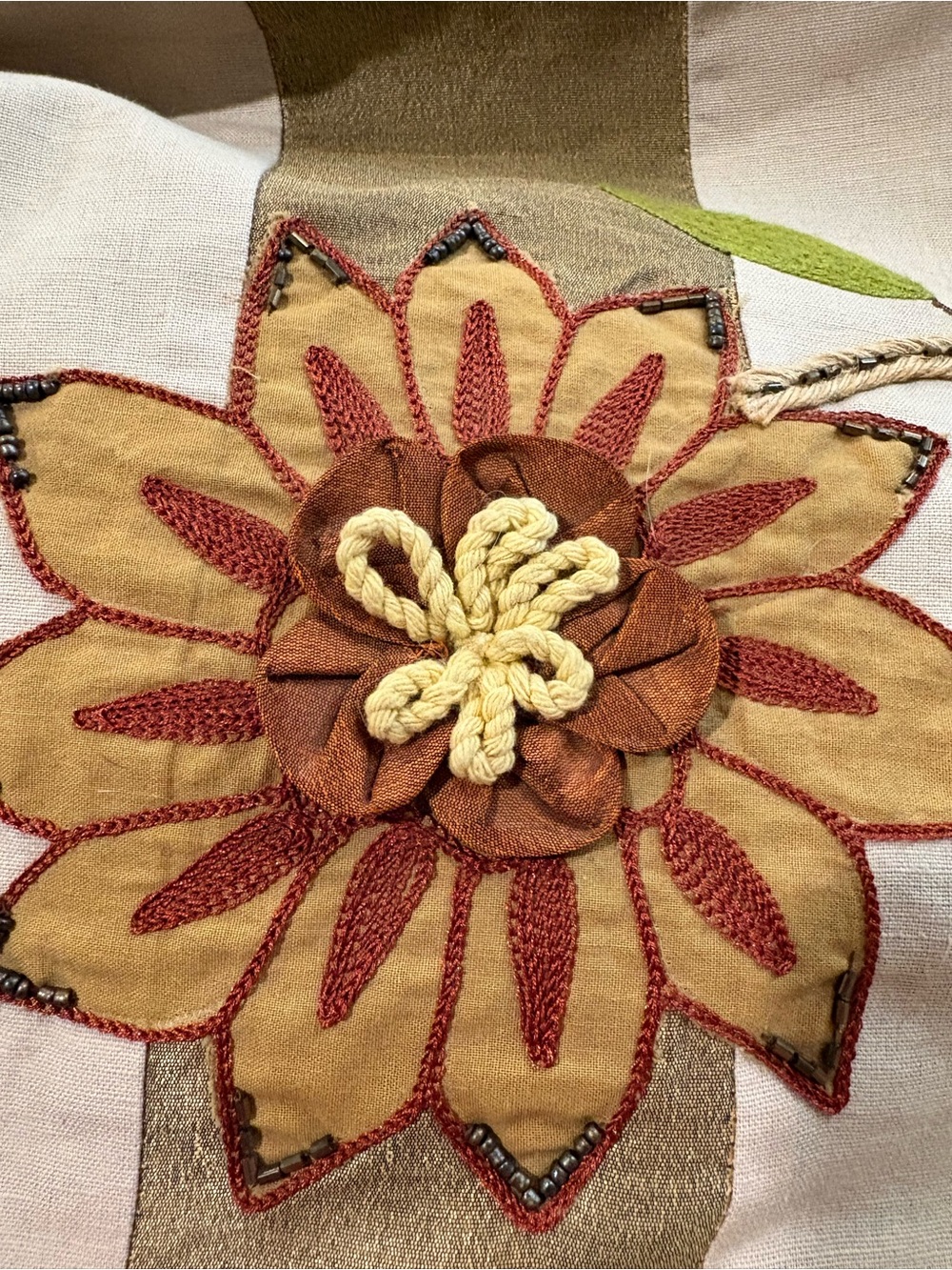 Pier 1 Striped Floral Table Runner in Brown green orange and Cream beads embroid - Picture 8 of 11